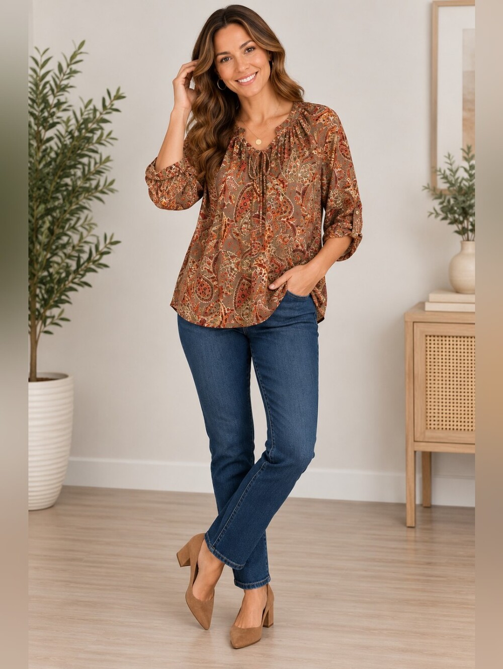 IZOD Women’s Paisley Peasant Blouse Large Brown Boho Long Sleeve Like New